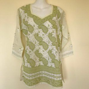 Dupatta House Embroidered Kurti Tunic Top Green Paisley Cotton NWT